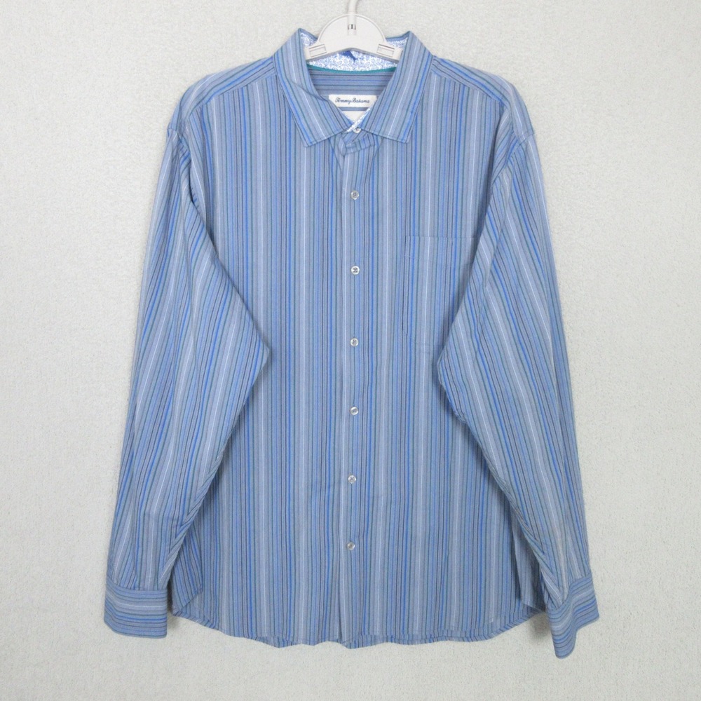Tommy Bahama Mens XL Blue Striped Cotton Silk Long Sleeve Button Up Shirt